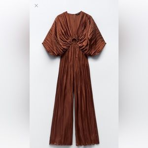 Zara Wrinkled Satin Effect Jumpsuit Brown Size Small